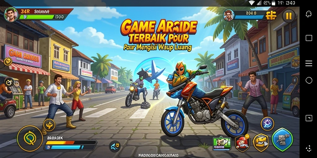 Tampilan permainan 34R dengan karakter beraksi di level menarik.