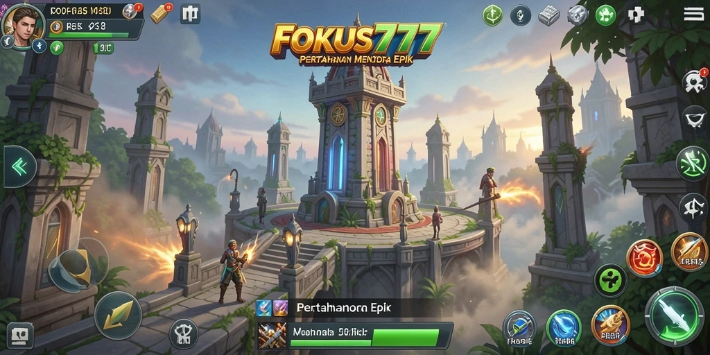 Screenshot FOKUS777 menampilkan aksi menara pertahanan yang epik.