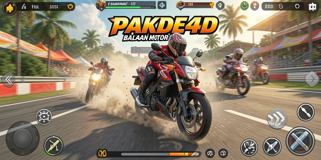 Tampilan gameplay memukau di PAKDE4D dengan aksi balapan motor yang mendebarkan.