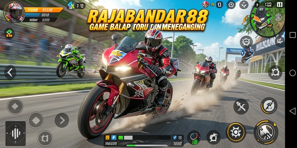 Gameplay seru RAJABANDAR88 menampilkan aksi balap motor yang mendebarkan.